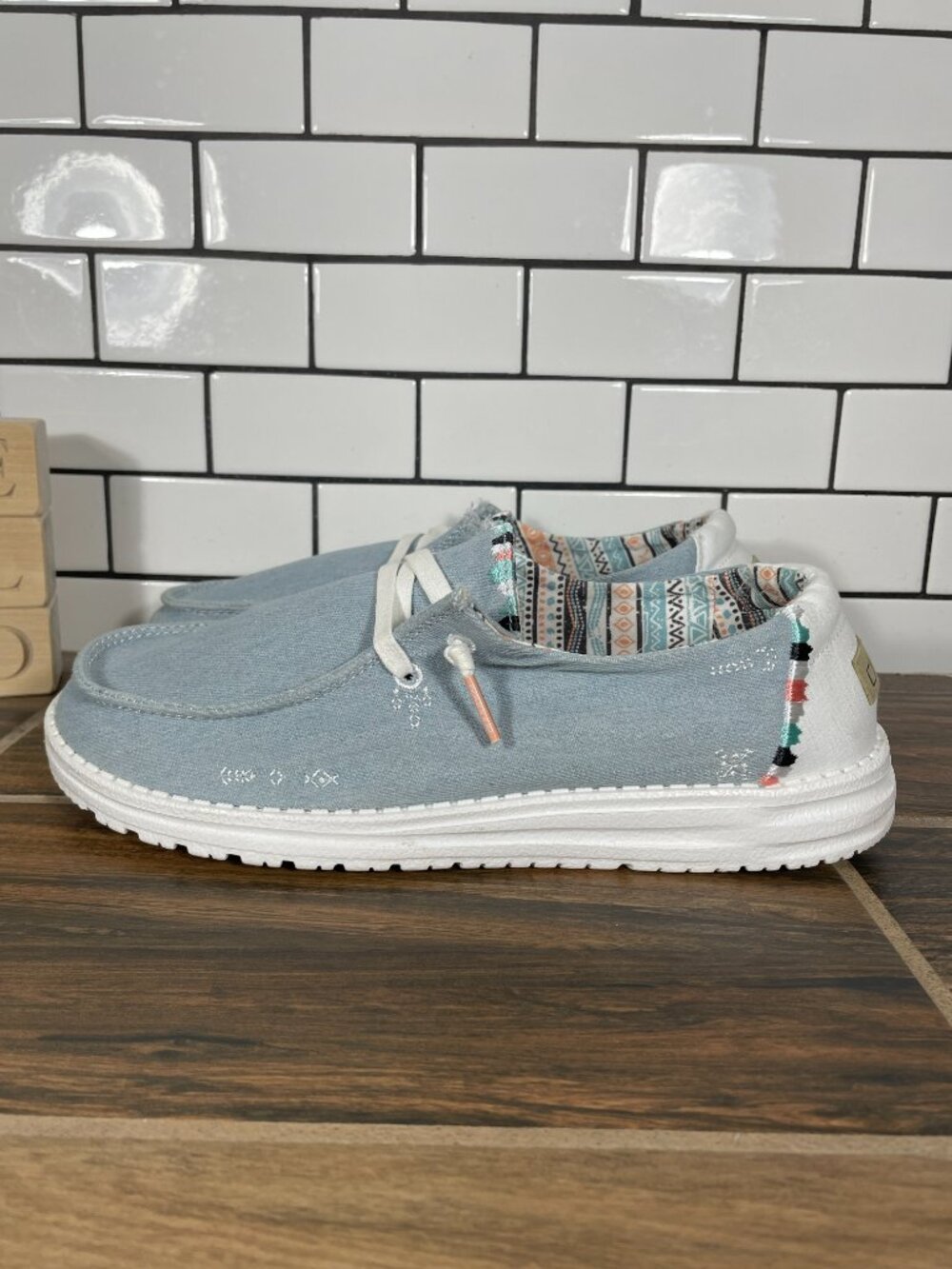 Hey Dude Wendy Shoes Womens Size 10 Boho Light Denim Blue Moc Toe Casual Slip On